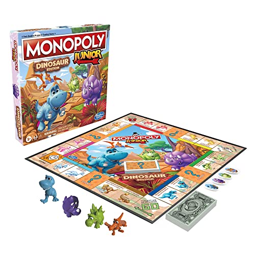 Monopoly Junior Dinosaur Edition Board Game, Kids Board Games, Fun Dinosaur Toys, Dinosaur Board Game for 2-4 players,Multicolor (Amazon Exclusive)