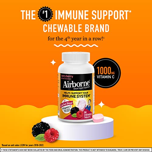 Airborne 1000mg Vitamin C Chewable Tablets with Zinc, Immune Support Supplement with Powerful Antioxidants Vitamins A C and E - 96 Chewable Tablets, Very Berry Flavor