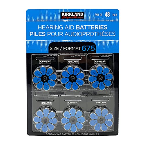Kirkland Signature Premium Quality Hearing Aid Batteries 48 pack 1.45 Volt Mercury Free Various Sizes (Size 675)