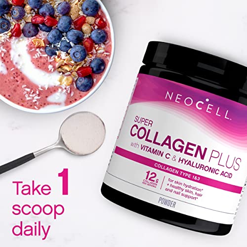 NeoCell Super Collagen Powder, Collagen Plus includes Vitamin C and Hyaluronic Acid, Promotes Healthy Hair, Beautiful Skin, and Nail Support, Collagen Type 1 and 3, 12g Collagen Peptdes per Serving, 6.9 Oz