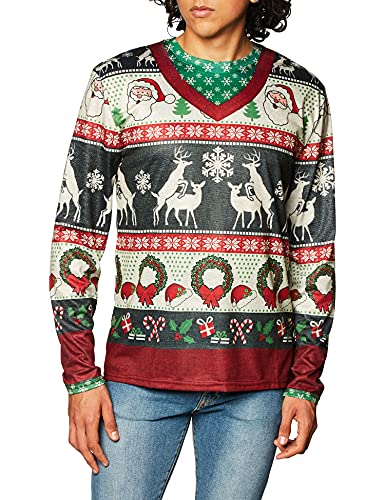 Faux Real Men's 3D Photo-Realistic Ugly Christmas Sweater Long Sleeve T-Shirt, Frisky Deer, X-Large