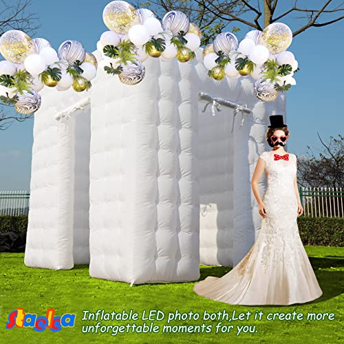 Portable Inflatable Photo Booth Enclosure (White, Two Doors, 8.2x8.2x8.2ft), staelea Inflatable LED Photo Booth Tent with Air Blower and Remote Controller, Photo Booth Backdrop for Wedding Event