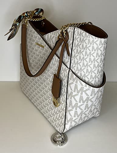 Michael Kors Women's Jet Set Travel Large Chain Shoulder Bag bundled Purse Hook and Skinny Scarf (Signature MK Vanilla)