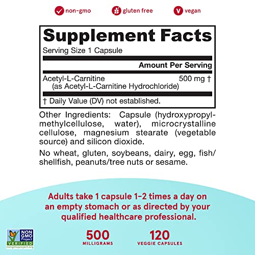 Jarrow Formulas Acetyl L-Carnitine 500 mg - Antioxidant Protection for the Brain - Supports Energy Production and Metabolism - Heart and Cardiovascular Health - 120 Veggie Capsules (PACKAGING MAY VARY)