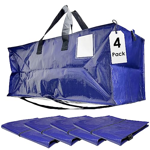 Innovative Haus Extra Large Heavy Duty Blue Moving Bag with Zipper and Strong Handles. Durable Backpack Straps On the Bottom. Space Saving Design Folds Flat for Easy Storage. Perfect for College Dorm Rooms. Great Alternative to Moving Box. 4 Pack