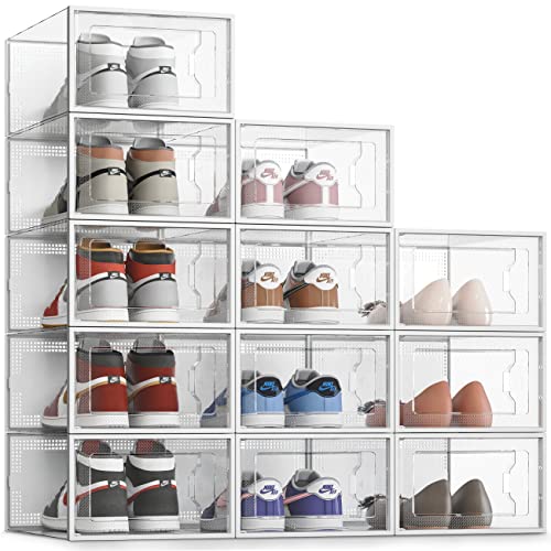SEE SRPING XX-Large 12 Pack Shoe Storage Box, Clear Plastic Stackable Shoe Organizer for Closet, Shoe Rack Sneaker Containers Bins Holders Fit up to Size 14 (Clear)