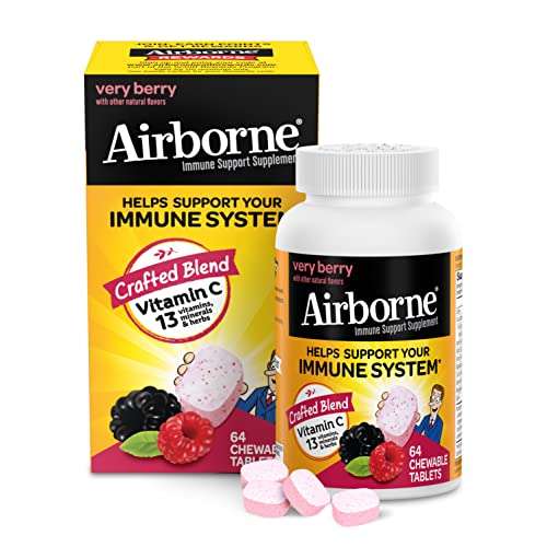 Airborne 1000mg Vitamin C Chewable Tablets with Zinc, Immune Support Supplement with Powerful Antioxidants Vitamins A C and E - 64 Chewable Tablets, Very Berry Flavor