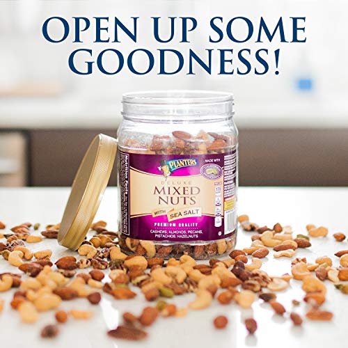PLANTERS Deluxe Mixed Nuts with Sea Salt, 27 oz. Resealable Container - Variety Mixed Nuts Snacks with Cashews, Almonds, Pecans, Pistachios and Hazelnuts - Energy Boost - Kosher