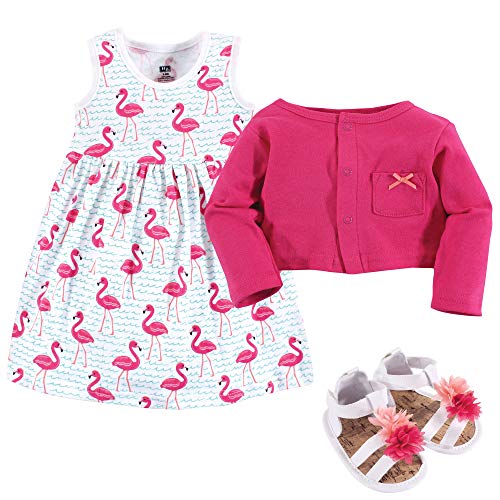 Hudson Baby Baby Girl Cotton Dress, Cardigan and Shoe Set, Bright Flamingo, 12-18 Months