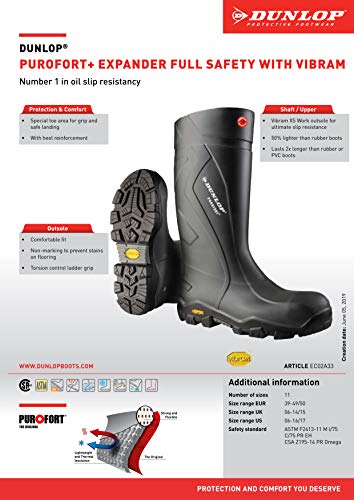 DUNLOP Protective Footwear, Purofort+ Expander Full Safety With Vibram Sole Omega, 100% Waterproof Purofort Material, Lightweight And Durable Protective Footwear,Ec02A33.10, Size 10 Us