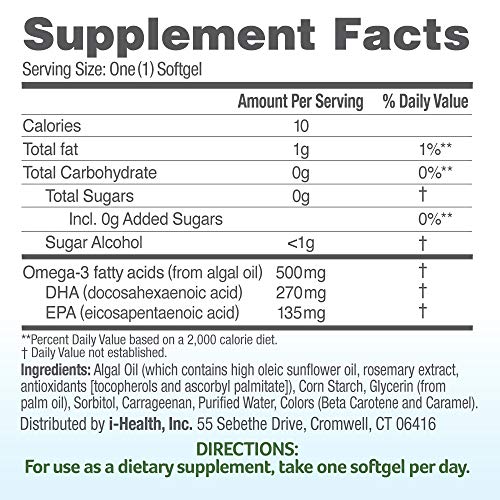 Ovega-3 Vegan Algae Omega-3 Daily Supplement, Supports Heart, Brain and Eye Health*, 500 mg Omega-3s, 135 mg EPA + 270 mg DHA, Fish Oil Alternative, No Fishy Aftertaste, Vegetarian Softgels 60 CT