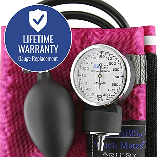 MABIS MatchMates Manual Blood Pressure Monitor Kit Aneroid Sphygmomanometer with Calibrated Nylon Cuff and Oversized Carrying Case, FSA and HSA Eligible, Adult, Magenta