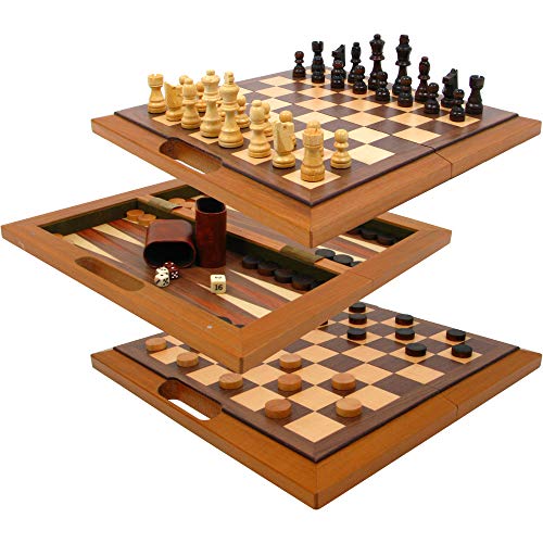 Trademark Games Hey! Play! Deluxe Wooden Chess, Checker and Backgammon Set, Brown