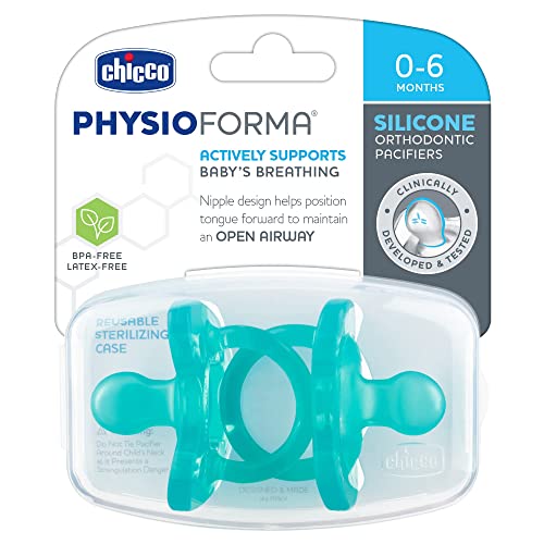 Chicco PhysioForma 100% Soft Silicone One Piece Pacifier for Babies 0-6 Months, Teal, Orthodontic Nipple, BPA-Free, 2-Count in Sterilizing Case