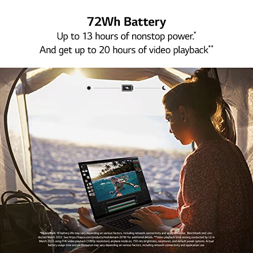 LG gram (2022) 14T90Q 2-in-1 Tablet Laptop, 14' (1920 x 1200) IPS Display, Intel Evo 12th Gen i7 1260P Processor, 16GB LPDDR5, 1TB NVMe SSD, FHD Webcam, WiFi 6E, Thunderbolt 4, Windows 11, Black