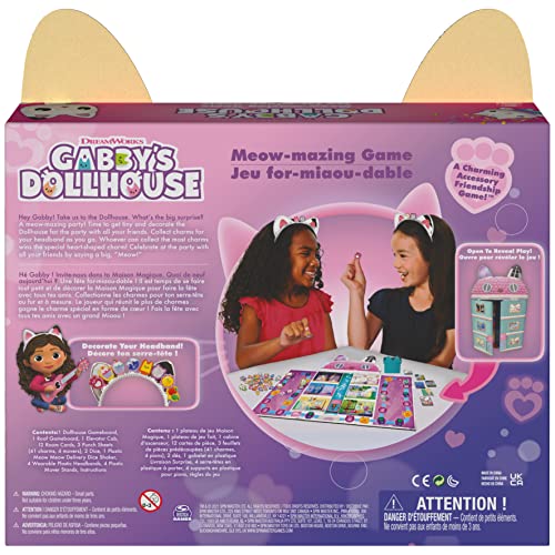 Gabby’s Dollhouse, Meow-Mazing Board Game Based on The DreamWorks Netflix Show with 4 Kitty Headbands, for Families and Kids Ages 4 and up
