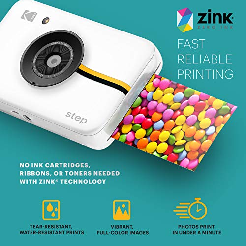 Kodak Step Instant Camera with 10MP Image Sensor, Zink Zero Ink Technology (White) Bundle: Photo Album, Case, 20 Pack Zink Paper, Markers, Stickers.