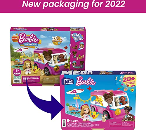 MEGA Barbie Camper Building Toy Vehicle Playset, Adventure Dreamcamper With 123 Pieces, 2 Micro-Dolls, Accessories, Pets and Furniture,