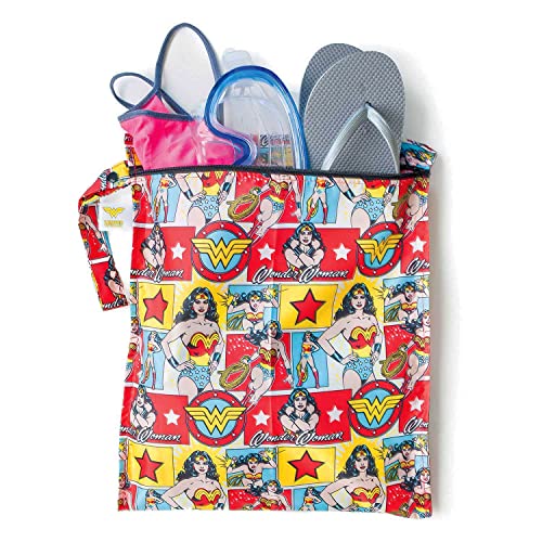 Bumkins Waterproof Wet Bag DC Comics Washable, Reusable for Travel, Beach, Pool, Stroller, Diapers, Dirty Gym Clothes, Wet Swimsuits, Toiletries, 12x14 – Wonder Woman