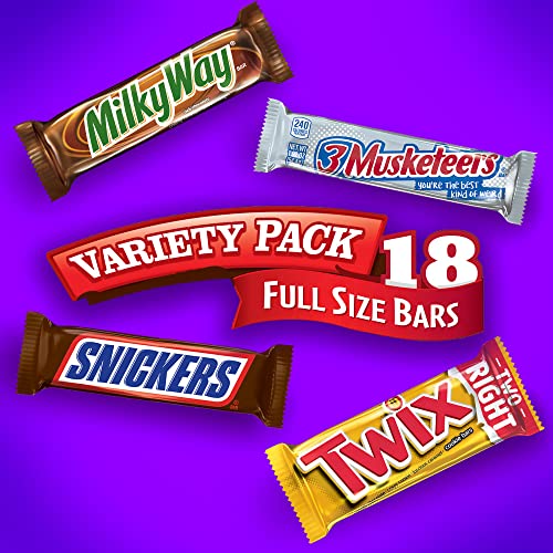 SNICKERS, TWIX, MILKY WAY and 3 MUSKETEERS Individually Wrapped Variety Pack Full Size Milk Chocolate Candy Bars Bulk Assortment, 33.31 oz, 18 Bars