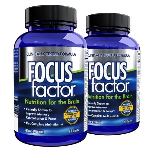 Focus Factor Nutrition for The Brain, Improved Memory and Concentration Brain Supplement, Complete Multivitamin with Vitamins B6, B12, D, Bacopa Monnieri and Tyrosine, 60 Count (2 Pack)