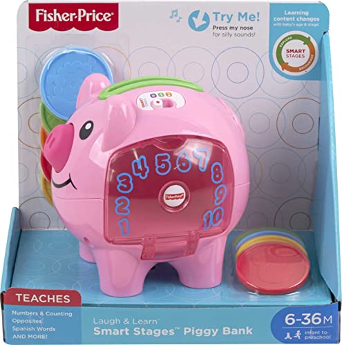 Fisher-Price Laugh and Learn Baby Learning Toy Smart Stages Piggy Bank With Music and Phrases For Infant To Toddler Ages 6+ Months
