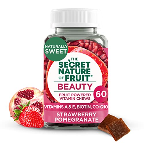The Secret Nature of Fruit Beauty Chews, Real Fruit Powered Vitamin Chews with Vitamins A and E, Biotin, CoQ10, Strawberry and Pomegranate for Healthy Hair, Skin and Nails, Gummy, (60 Count)