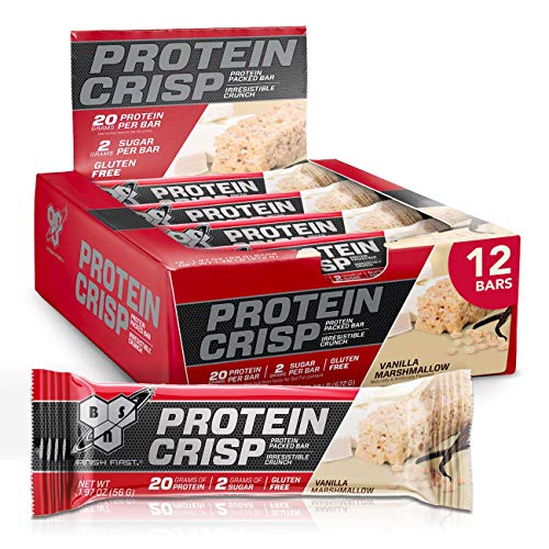 BSN Protein Bars - Protein Crisp Bar by Syntha-6, Whey Protein, 20g of Protein, Gluten Free, Low Sugar, Vanilla Marshmallow, 12 Count (Pack of 1)