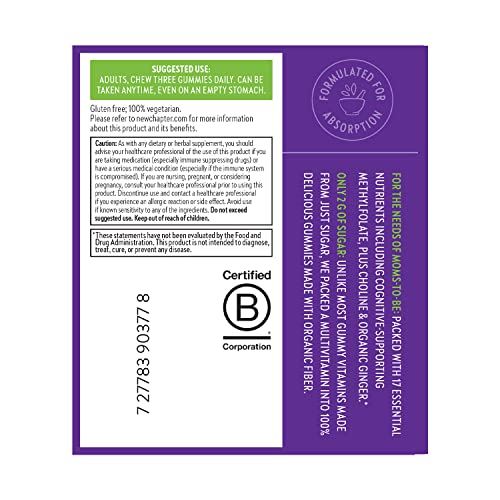 New Chapter Prenatal Multivitamin Gummies – 71% Less Sugar, Prenatal Gummies for Mom and Healthy Baby with Prenatal Vitamins Methylfolate, D3, Choline and Ginger, Non-GMO, Gluten Free, Berry Citrus, 90ct