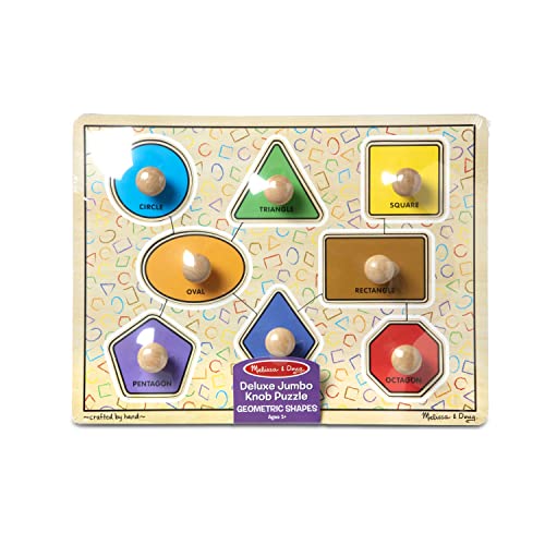 Melissa and Doug Deluxe Jumbo Knob Wooden Puzzle - Geometric Shapes (8 pcs) - Wooden Peg Chunky Baby Puzzle, Preschool Learning Puzzle, Wooden Puzzle Board For Toddlers Ages 1+