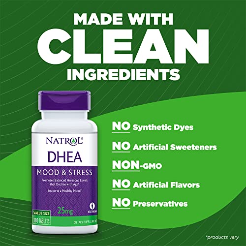 Natrol DHEA Tablets, Promotes Balanced Hormone Levels, Supports a Healthy Mood, Supports Overall Health, Helps Promote Healthy Aging, HPLC Verified, 25mg, 180 Count