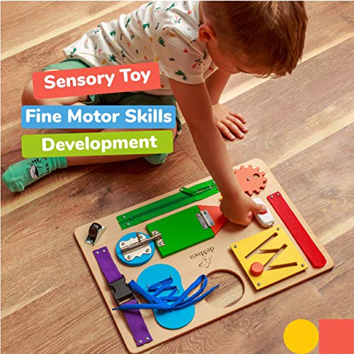 deMoca Busy Board for Toddlers, Montessori Toy for 3 Year Old with 10 Educational Toddler Activities to Develop Fine Motor Skills, Learning Wooden Travel Toy for Plane and Car Journey