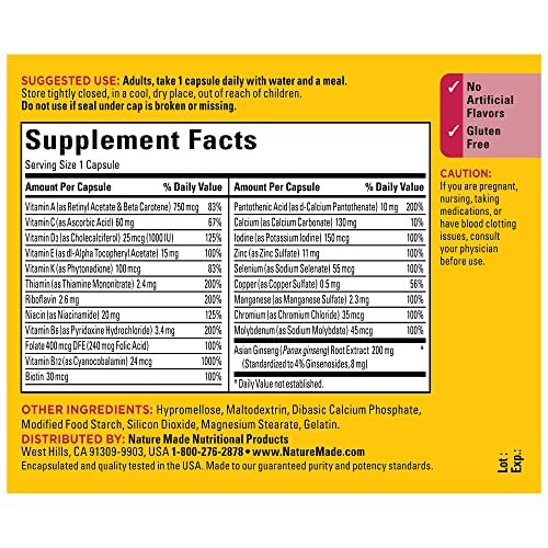 Nature Made Multi + Ginseng, Multivitamin for Women and Men, Daily Energy Multivitamin for Men and Women, One Per Day Men and Womens Vitamins, 60 Capsules