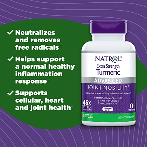 Natrol Extra Strength Turmeric Capsules, Supports Cellular, Inflammatory, Heart, Joint and Brain Health, Clinically Proven CurcuWIN, 46x Better Absorption, 60 Count