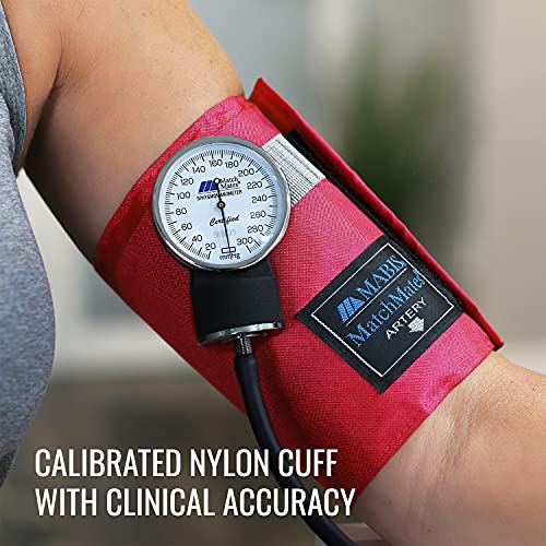 MABIS MatchMates Manual Blood Pressure Monitor Kit Aneroid Sphygmomanometer with Calibrated Nylon Cuff and Oversized Carrying Case, Adult, Red