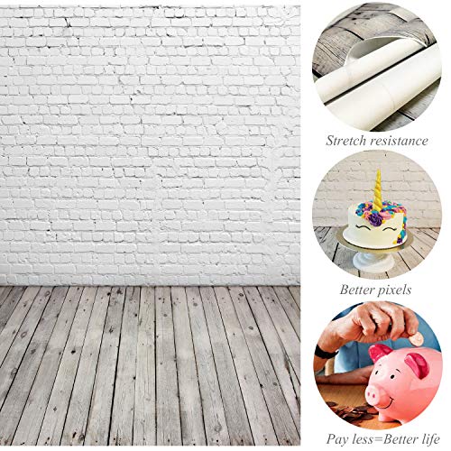 HUAYI 5X7ft White Brick Wall With Gray Wooden Floor Photography Vinyl Backdrop D-2504