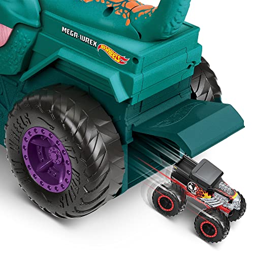 Hot Wheels Monster Trucks Car Chompin' MEGA-Wrex, Large Toy Monster Truck and 1:64 Scale Toy Car, 'Eats' and 'Poops' 1:64 Scale Vehicles
