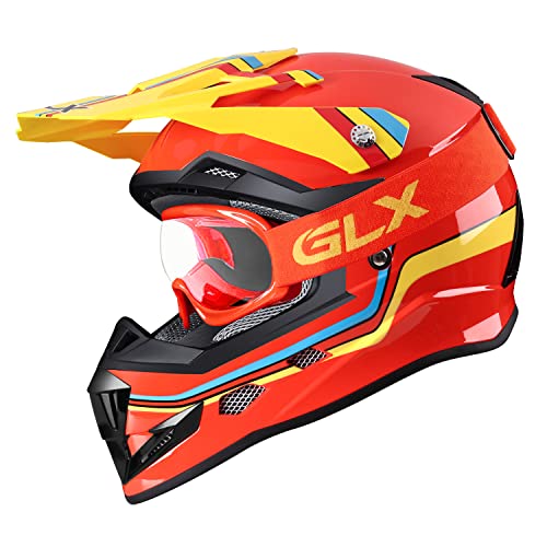 GLX GX623 DOT Kids Youth ATV Off-Road Dirt Bike Motocross Motorcycle Full Face Helmet Combo Gloves Goggles for Boys and Girls (Retro Red, X-Large)