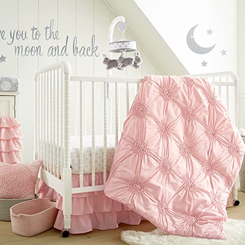 Levtex Baby - Willow Crib Bed Set - Baby Nursery Set - Pink - Soft Rosette Pintuck - 5 Piece Set Includes Quilt, Fitted Sheet, Diaper Stacker, Wall Decal and Crib Skirt/Dust Ruffle