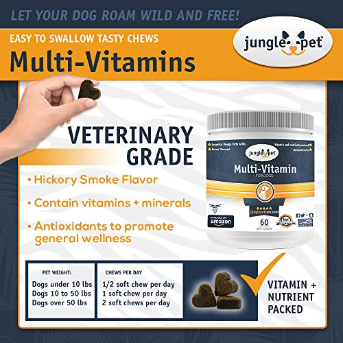 Jungle Pet Dog Multivitamin for Dogs - Antioxidants, Minerals and Vitamin E for Dogs - Heart Shaped Dog Multivitamins Chewable Dog Vitamins and Supplements - Hickory Bacon Flavor - 60 ct