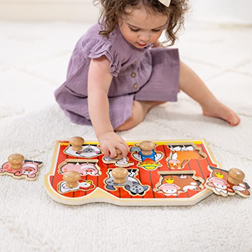 Melissa and Doug Farm Animals Jumbo Knob Wooden Puzzle - Wooden Peg Chunky Baby Puzzle, Preschoool Learning, Knob Puzzle Board For Toddlers Ages 1+