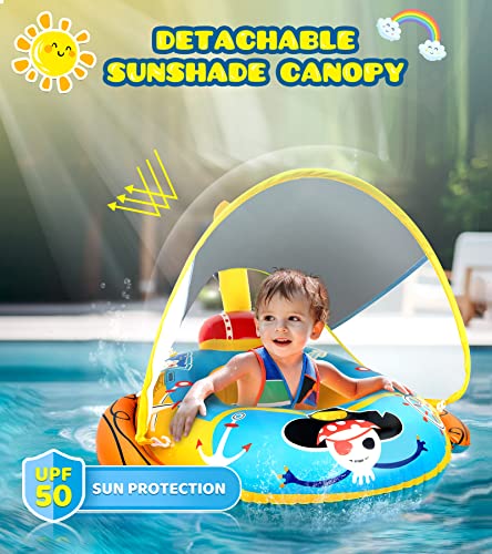 2X Thicken Pool Floats Kids with Water Gun, UPF50+ Adjustable Canopy Inflatable Pirate Boat Shaped Toddler Pool Float with Safety Seat, Durable Pool Toys for Kids Ages 2-10 for Boys and Girls