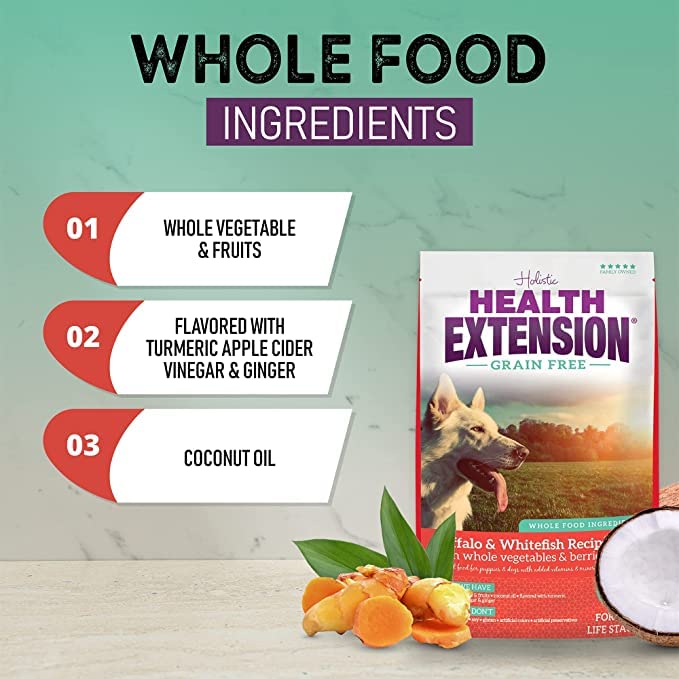 Health Extension Dry Dog Food, Natural Food with Added Vitamins and Minerals, Suitable for All Puppies, Include Buffalo and Whitefish Recipe with Whole Vegetable and Berries (4 Pound)