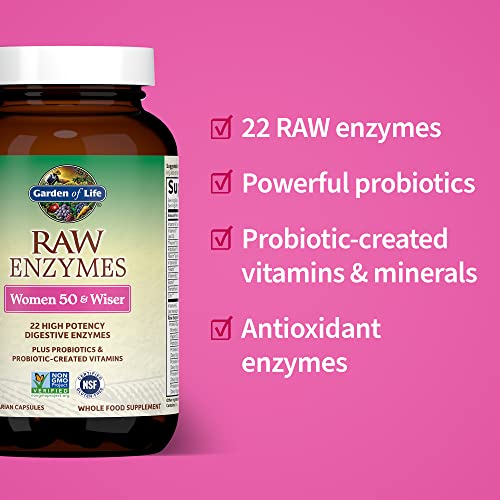 Garden of Life 22 Digestive Enzymes for Women 50 and Over with Bromelain, Papain and Lactase Plus Probiotics and Vitamins B12, Biotin and Zinc – RAW Enzymes – Non-GMO, Gluten-Free, Vegetarian, 90 Capsules