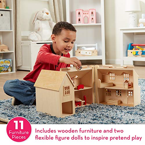 Melissa and Doug Fold and Go Wooden Dollhouse With 2 Play Figures and 11 Pieces of Furniture