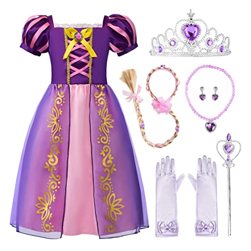 ReliBeauty Girls Dress Puff Sleeve Princess Costume, 6-7, Purple(with Accessories)