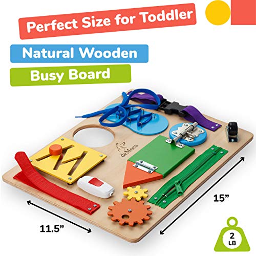 deMoca Busy Board for Toddlers, Montessori Toy for 3 Year Old with 10 Educational Toddler Activities to Develop Fine Motor Skills, Learning Wooden Travel Toy for Plane and Car Journey