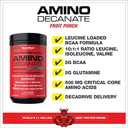 MuscleMeds Amino DECANATE, Intra, Post Workout Drink, Full Spectrum Amino Acid Complex, Leucine, Muscle Recovery, Fruit Punch, 30 Servings