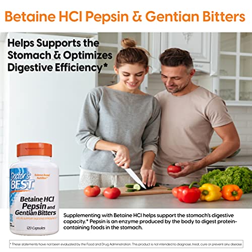 Doctor's Best Betaine HCI Pepsin and Gentian Bitters, Digestive Enzymes for Protein Breakdown and Absorption, Non-GMO, Gluten Free, 120 Caps, Original Version (DRB-00163)