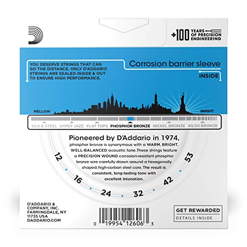D'Addario Guitar Strings - Phosphor Bronze Acoustic Guitar Strings - EJ16-3D - Rich, Full Tonal Spectrum - For 6 String Guitars - Made in the USA - 12-53 Light, 3-Pack